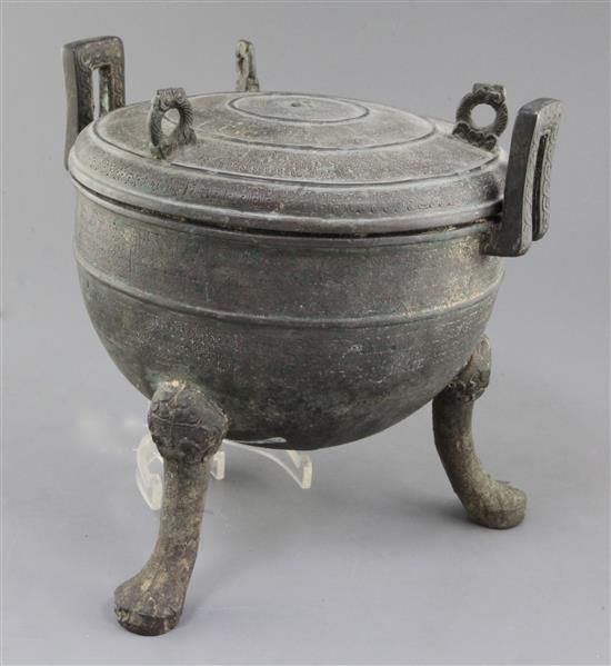 A Chinese archaic bronze ritual food vessel and cover, Dui, Warring States period, 4th-2nd century B.C., 25cm high, 27cm wide, damage